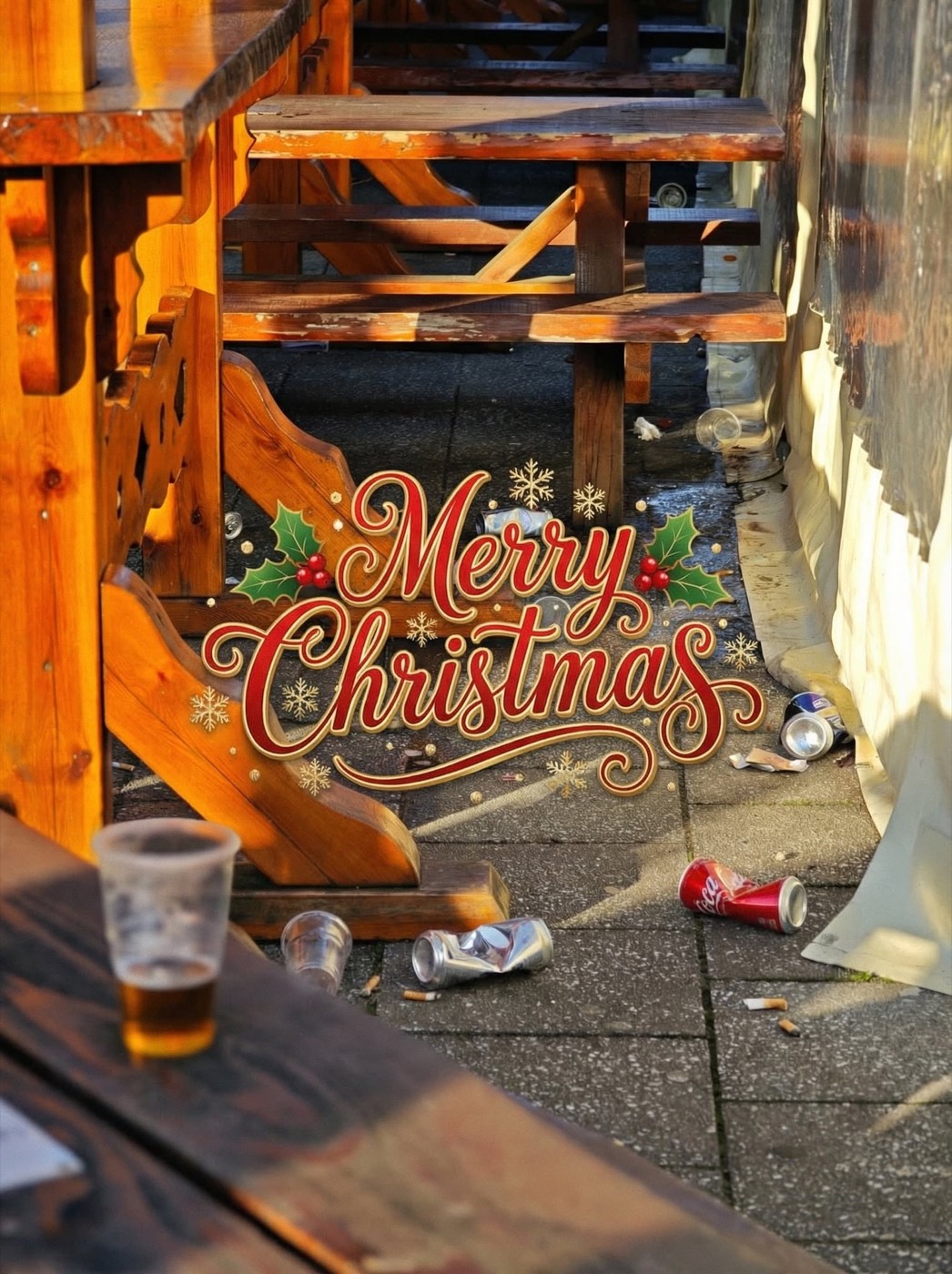 A picnic table with a half-finished pint and litter, a Merry Christmas graphic overlaid