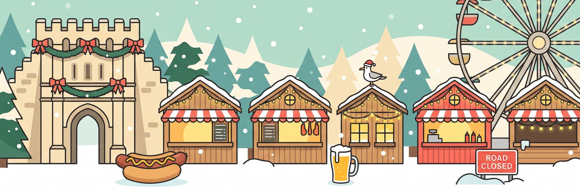 Illustration of the Southampton Christmas Market: the Bargate, wooden market huts, a ferris wheel, a giant bratwurst and a pint, and a seagull in a Santa hat