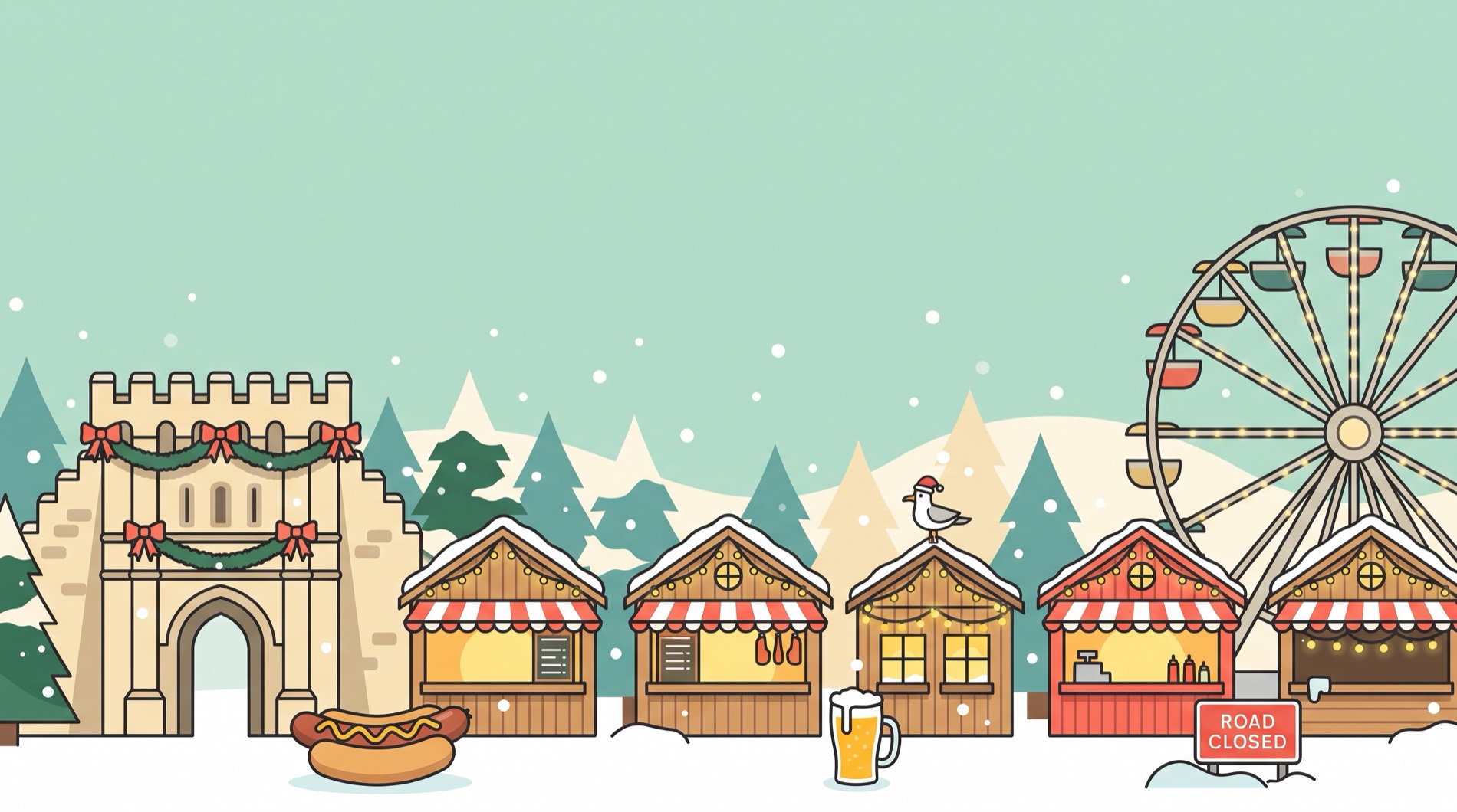 Illustration of the Southampton Christmas Market: the Bargate, a ferris wheel, wooden market huts, a giant bratwurst and a pint, with a seagull in a Santa hat
